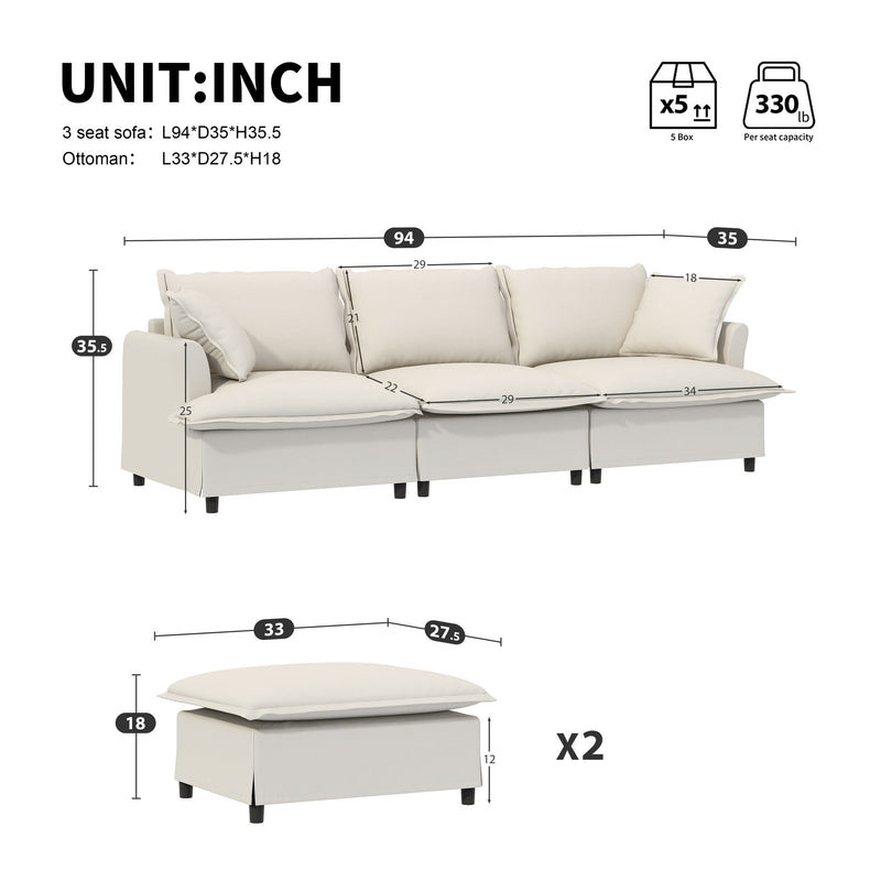 Sectional Sofa With Ottoman Cloud Couch Set With Throw Pillows, Free Combination