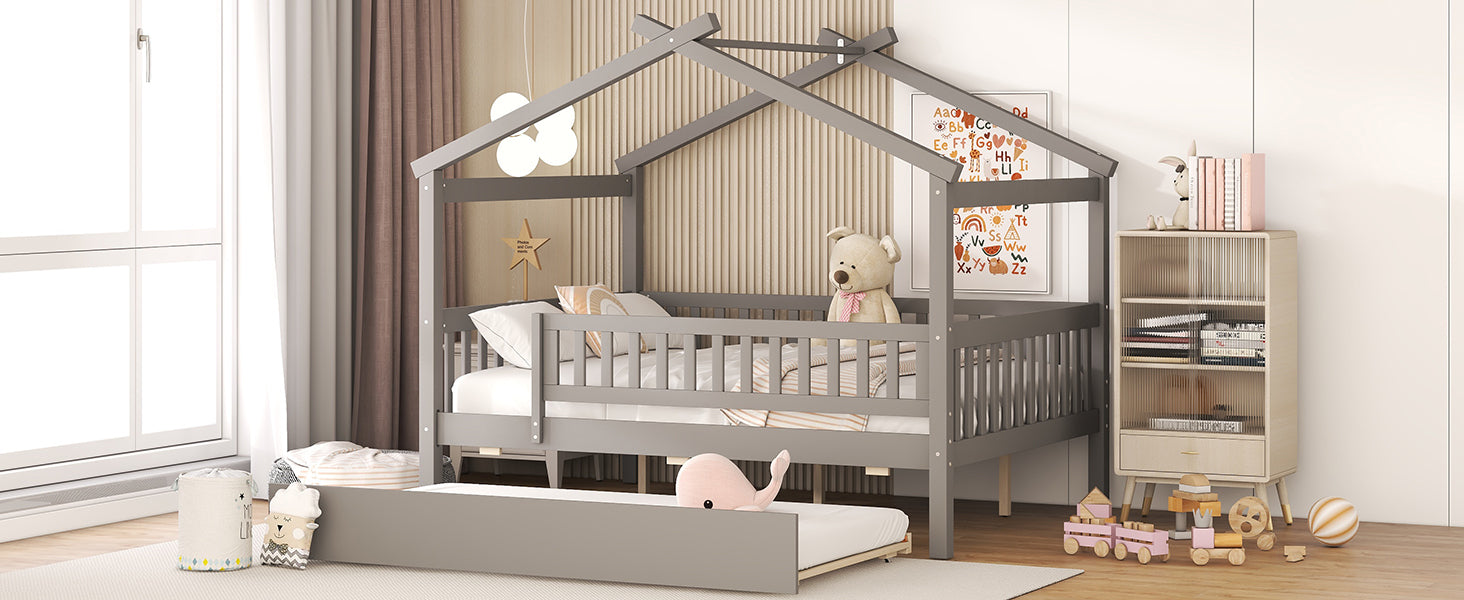 Full Size Wooden House Bed with Twin Size Trundle, Gray - Atlantic Fine Furniture Melbourne FL