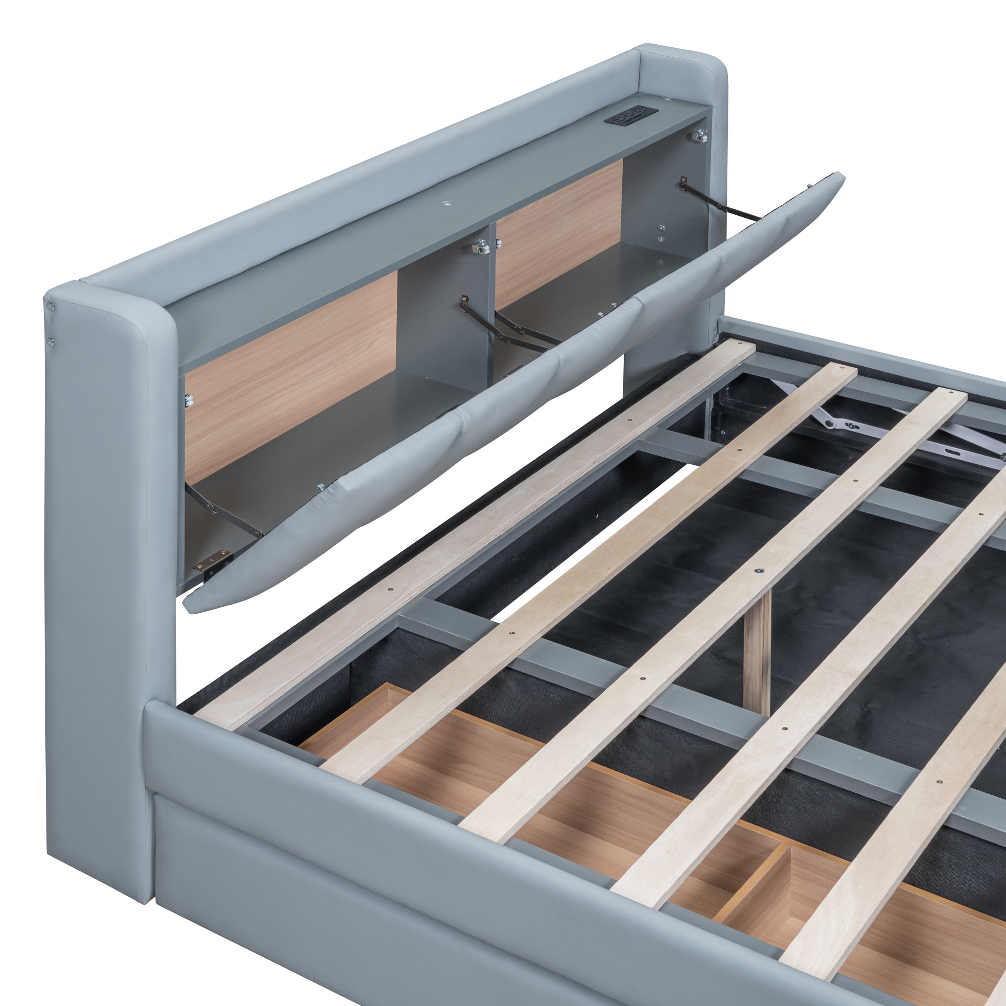 Queen Size & Twin XL Size Upholstered Platform Bed, Mother & Child Bed with Hydraulic Storage System, Drawer Box, Bedhead storage shelf and Two pairs of sockets & USB Ports, PU Leather, Gray - Atlantic Fine Furniture Melbourne FL