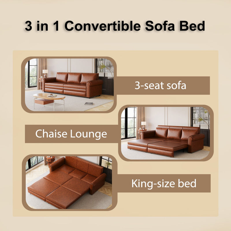 3 In 1 Convertible Sleeper Sofa With Nailhead Trim & Rolled Arm