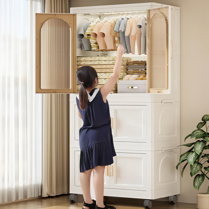 Side Wide Folding Wardrobe, With Magnetic Door, Plastic Storage Cabinet With Wheels (1 Layer Of Wardrobe + 2 Layers Of Folding Boxes + 10 Hangers) - Cream White