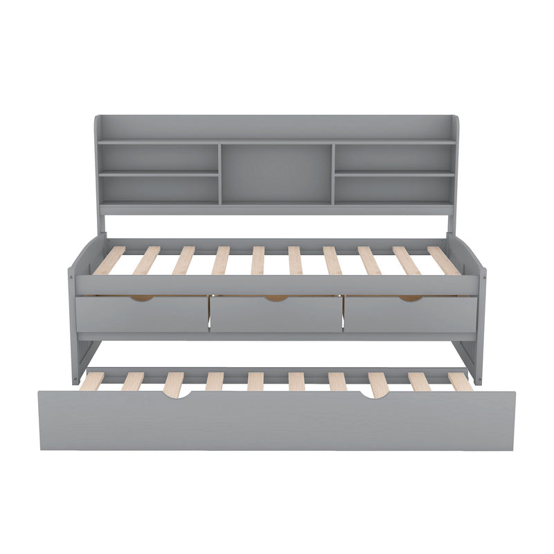 Captain Bed With Built In Bookshelves, 3 Storage Drawers, And Trundle