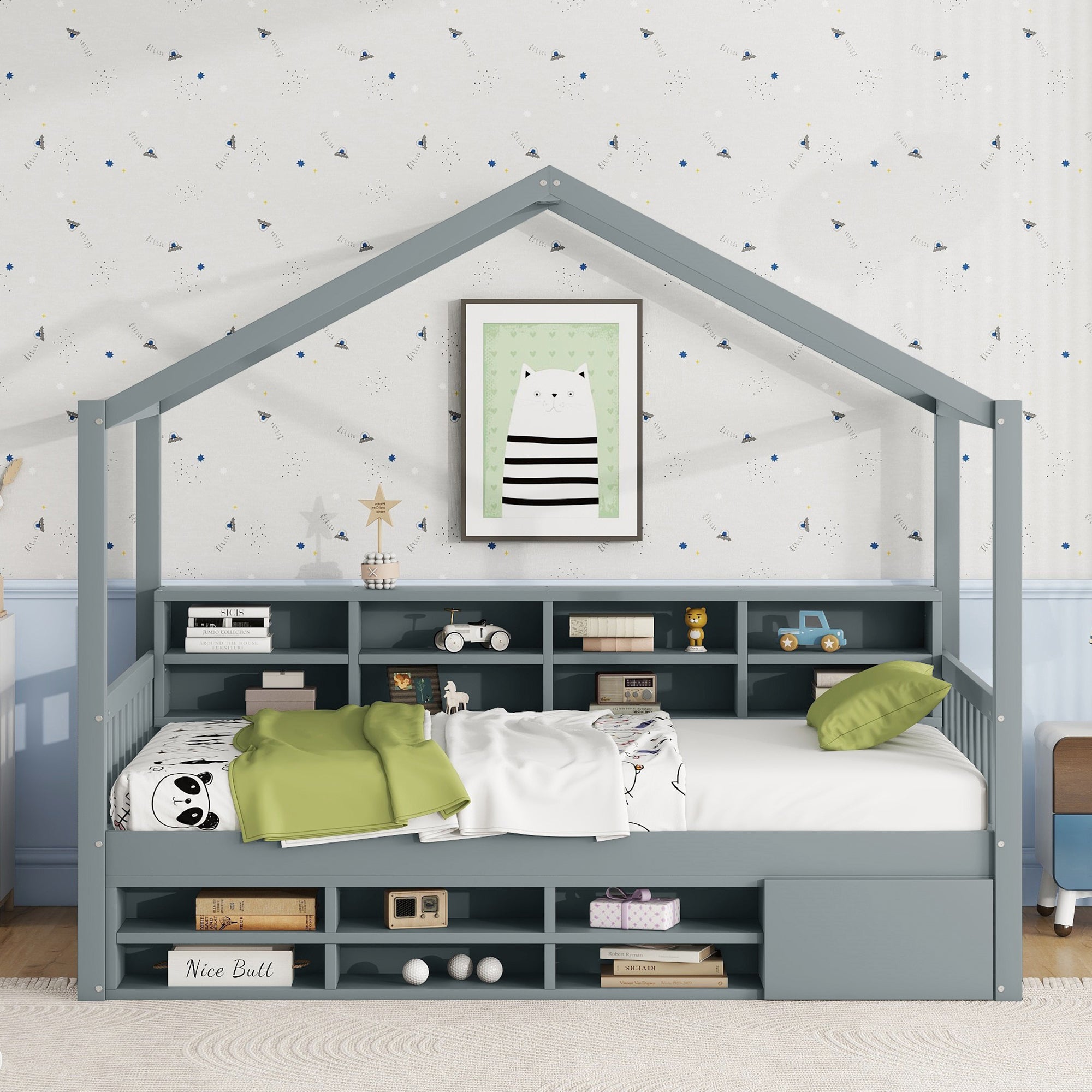 Twin Size Wooden House Bed with Shelves and a Mini-cabinet, Gray - Atlantic Fine Furniture Melbourne FL