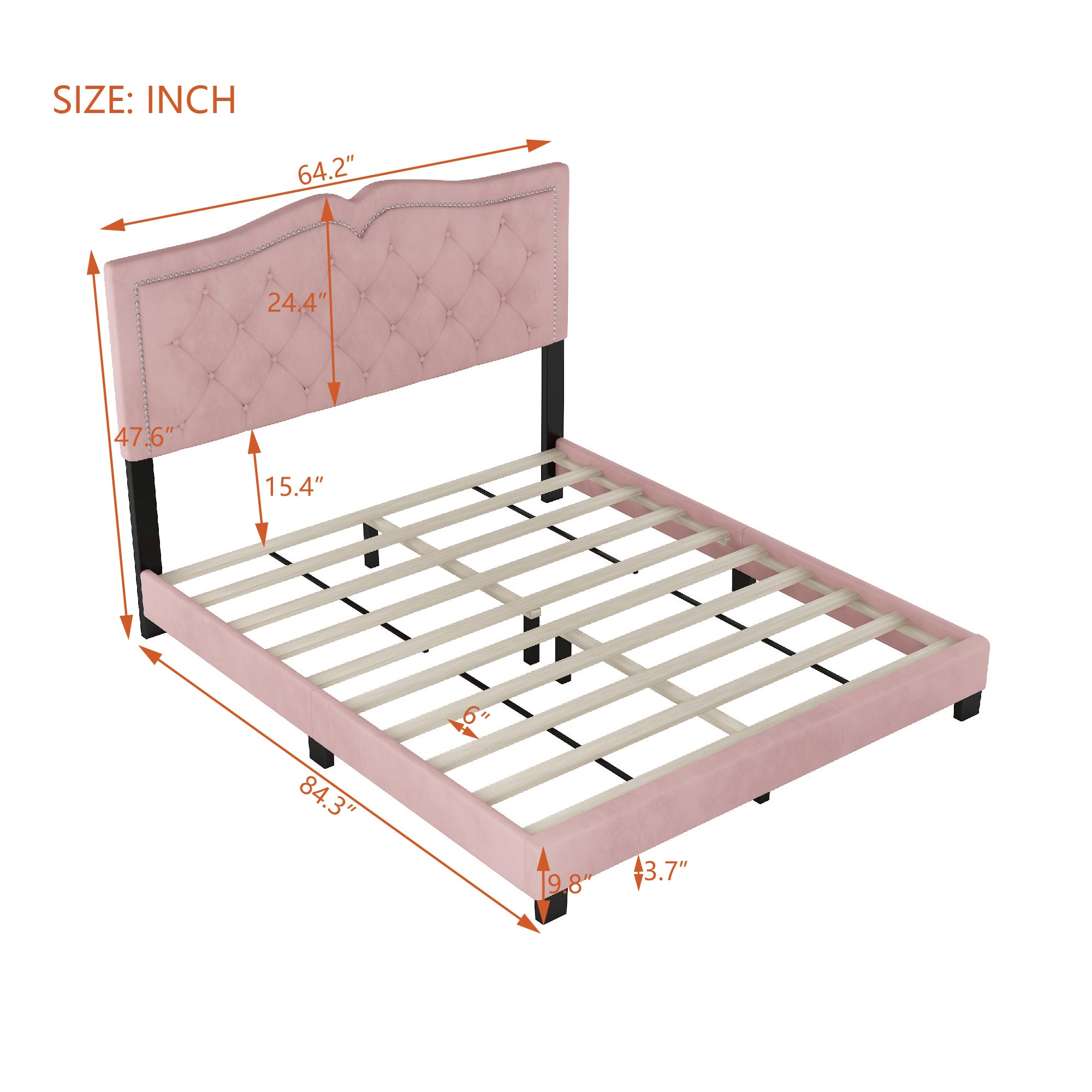Queen Size Upholstered Bed Frame with Rivet Design, Modern Velvet Platform Bed with Tufted Headboard,Pink - Atlantic Fine Furniture Melbourne FL