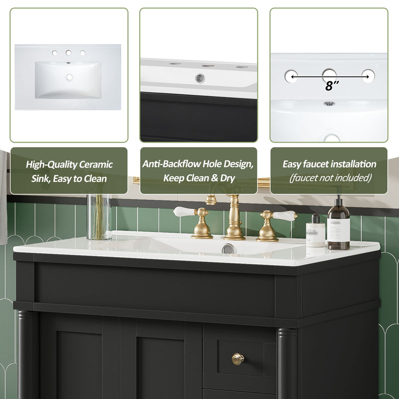 Bathroom Vanity With Ceramic Sink, 2 Doors 3 Drawers, Soft Close Design