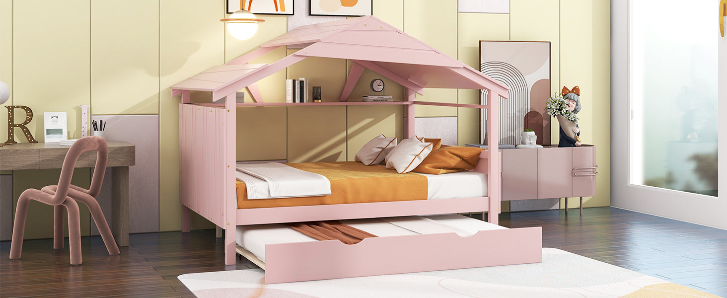 Wood Full Size House Bed with Twin Size Trundle and Storage, Pink - Atlantic Fine Furniture Melbourne FL
