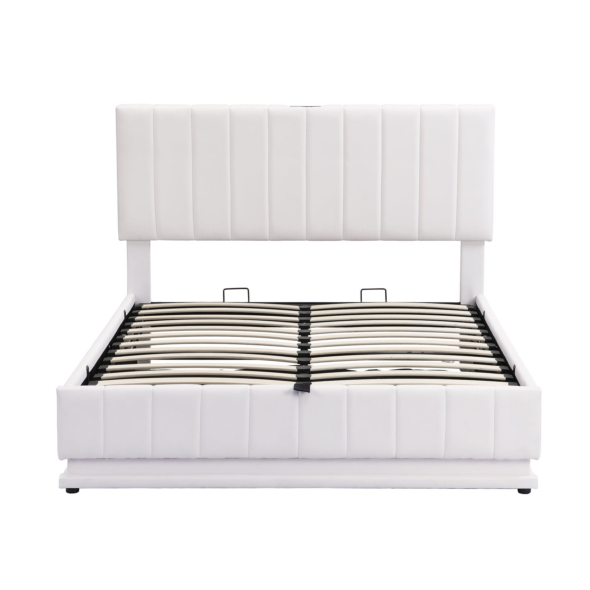 Full Size Upholstered Bed with Hydraulic Storage System and LED Light, Modern Platform Bed with Sockets and USB Ports, White - Atlantic Fine Furniture Melbourne FL