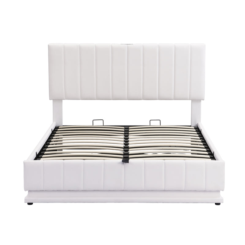 Full Size Upholstered Bed with Hydraulic Storage System and LED Light, Modern Platform Bed with Sockets and USB Ports, White