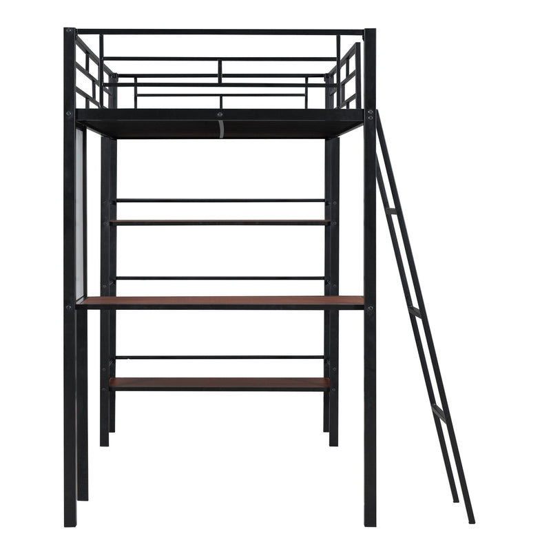 Loft Metal Bed With 3 Layers Of Shelves And Desk, Stylish Metal Frame Bed With Whiteboard