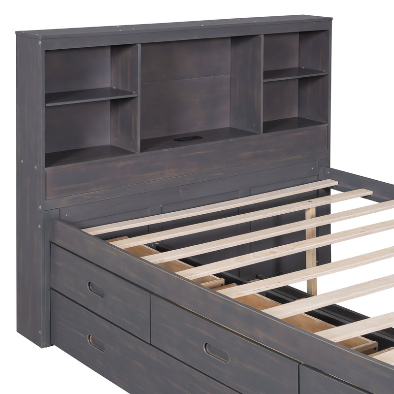 Full Size Platform Bed with Storage Headboard, Charging Station, Twin Size Trundle and 3 Drawers, Antique Brown