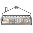Twin House-Shaped Bedside Floor Bed with Guardrails, Slats, without Door ,Grey