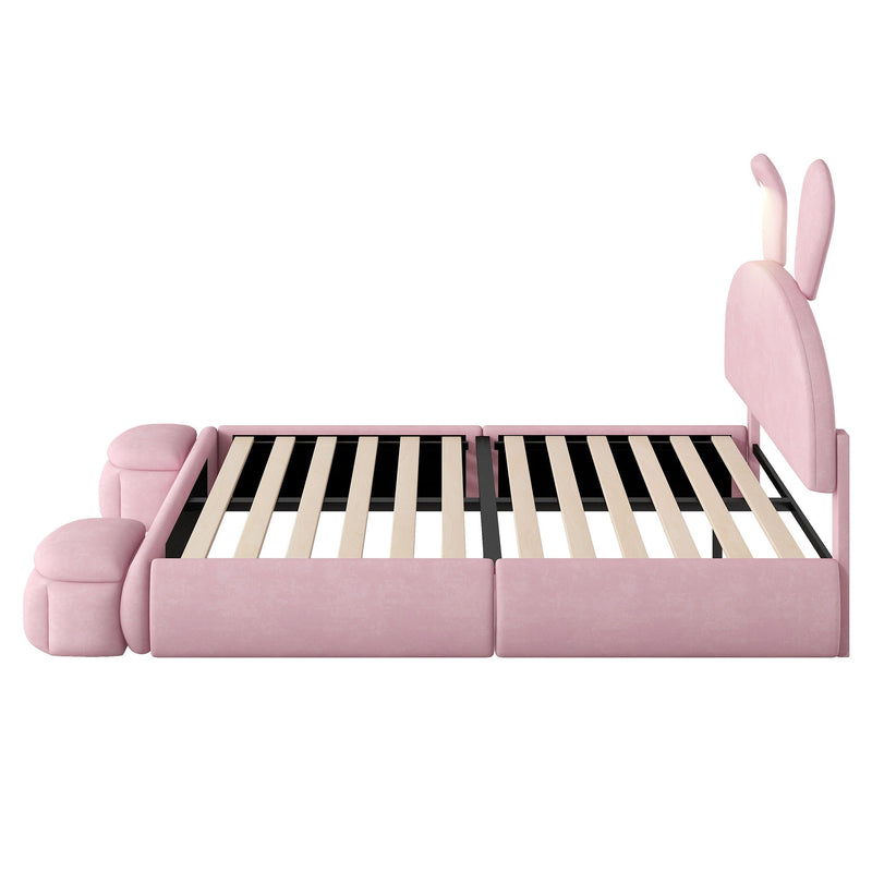 Upholstered Platform Bed With Cartoon Ears Shaped Headboard And LED Light
