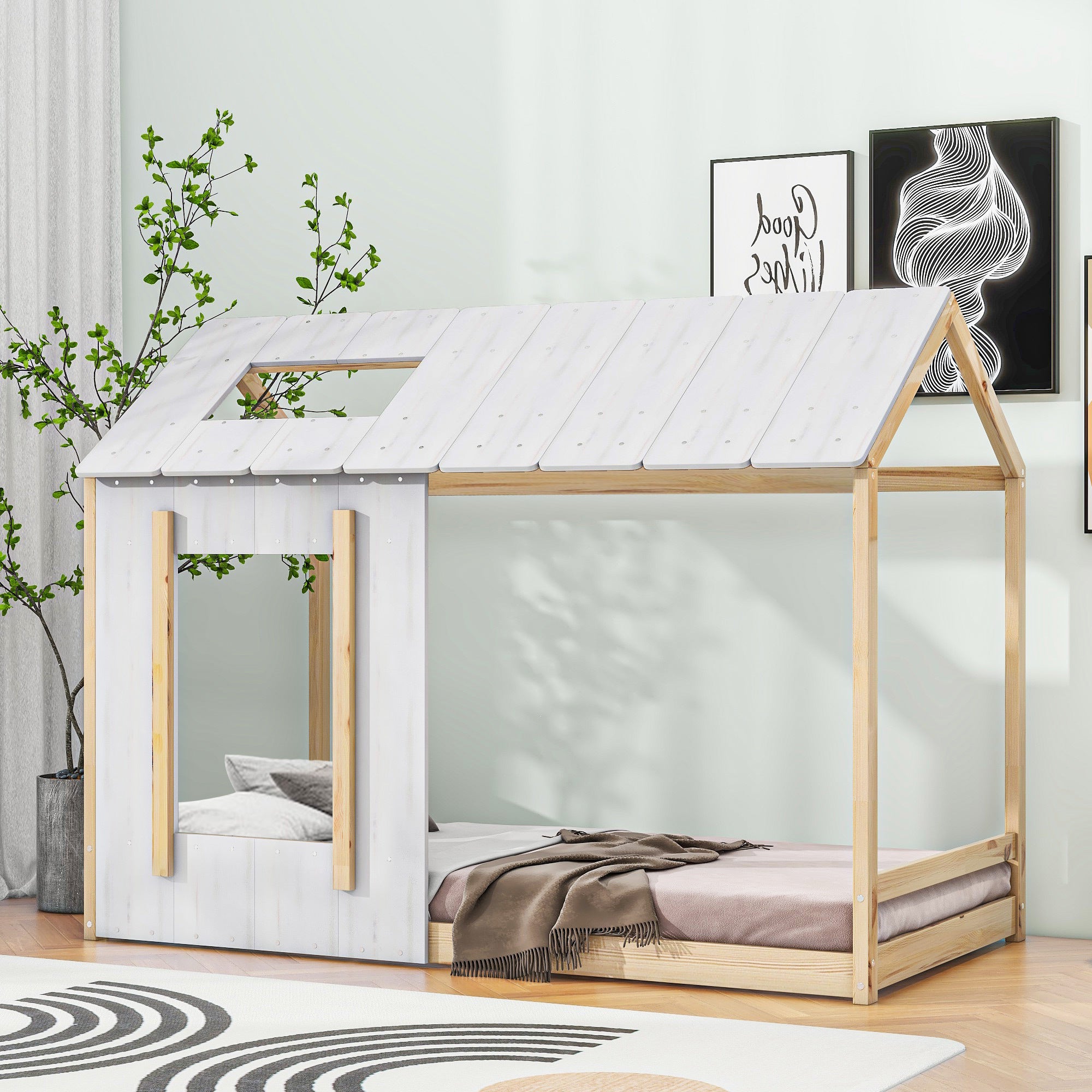 Twin Size House Platform with Roof and Window , White+Natural - Atlantic Fine Furniture Melbourne FL