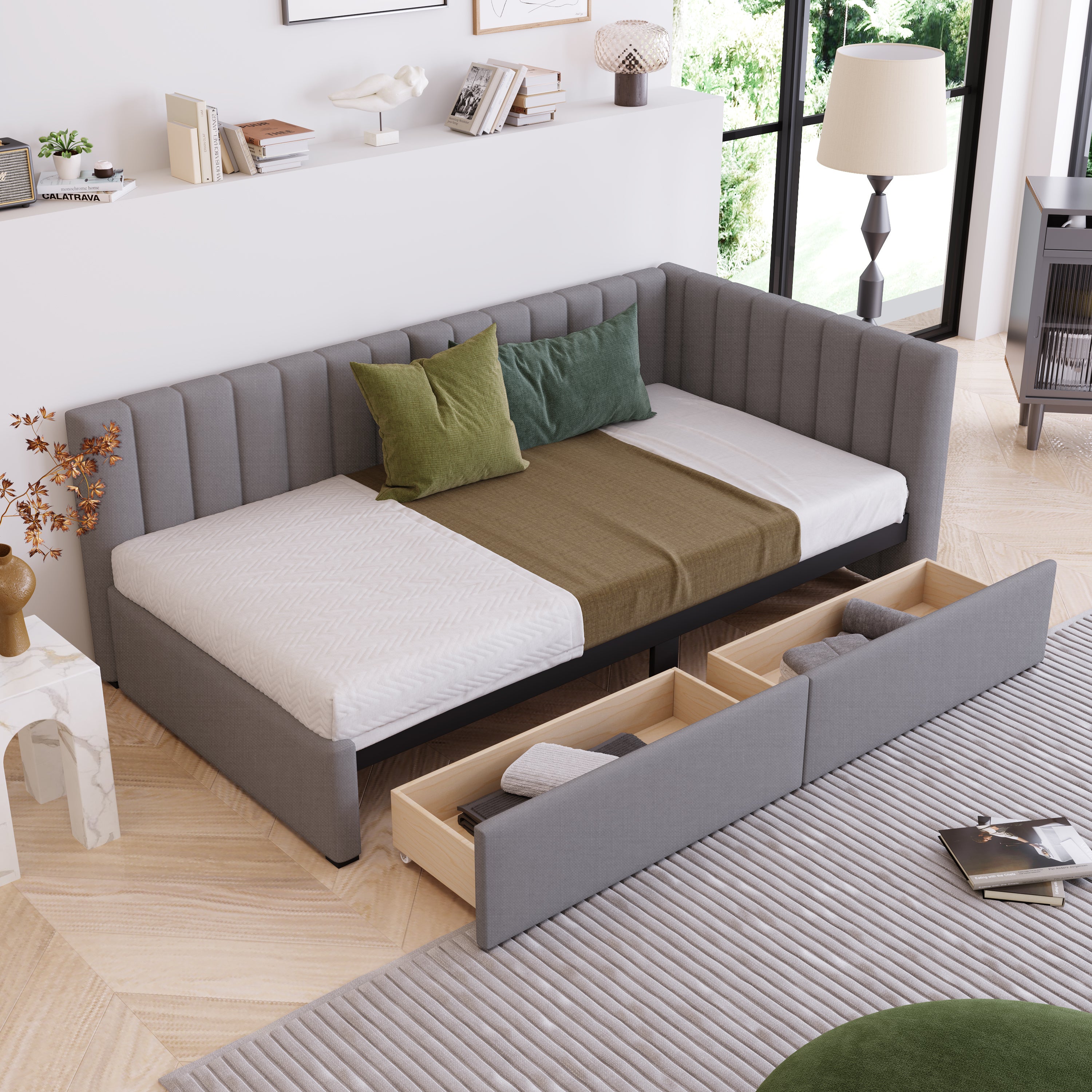 Upholstered Daybed with 2 Storage Drawers Twin Size Sofa Bed Frame No Box Spring Needed, Linen Fabric (Gray) - Atlantic Fine Furniture Melbourne FL