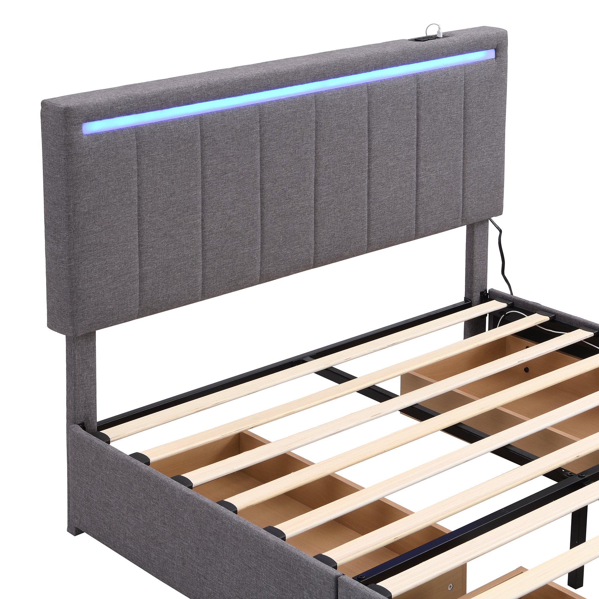 Full Size Upholstered Bed with LED Light and 4 Drawers,  Modern Platform Bed with a set of Sockets and USB Ports, Linen Fabric, Gray - Atlantic Fine Furniture Melbourne FL
