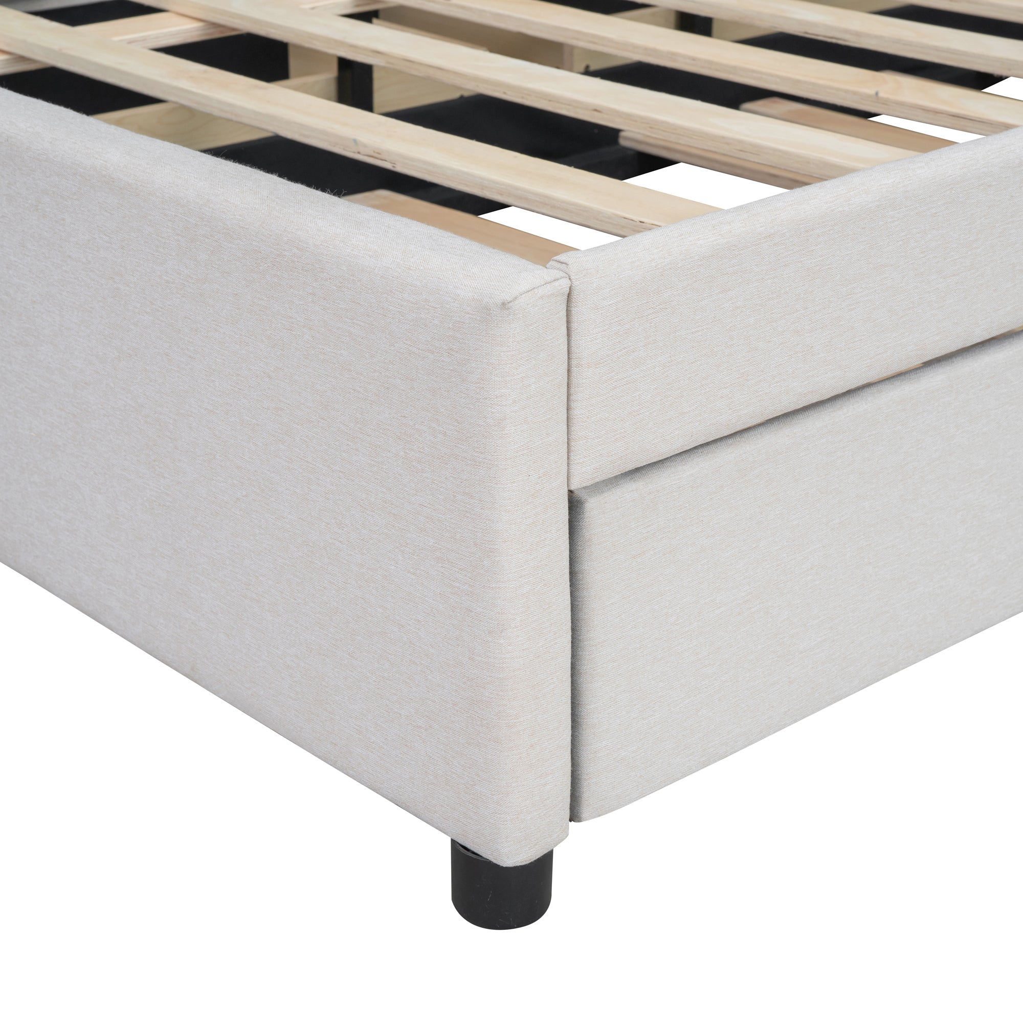 Full Size Upholstered Platform Bed with Brick Pattern Headboard, with Twin Size Trundle and 2 Drawers, Linen Fabric, Beige - Atlantic Fine Furniture Melbourne FL