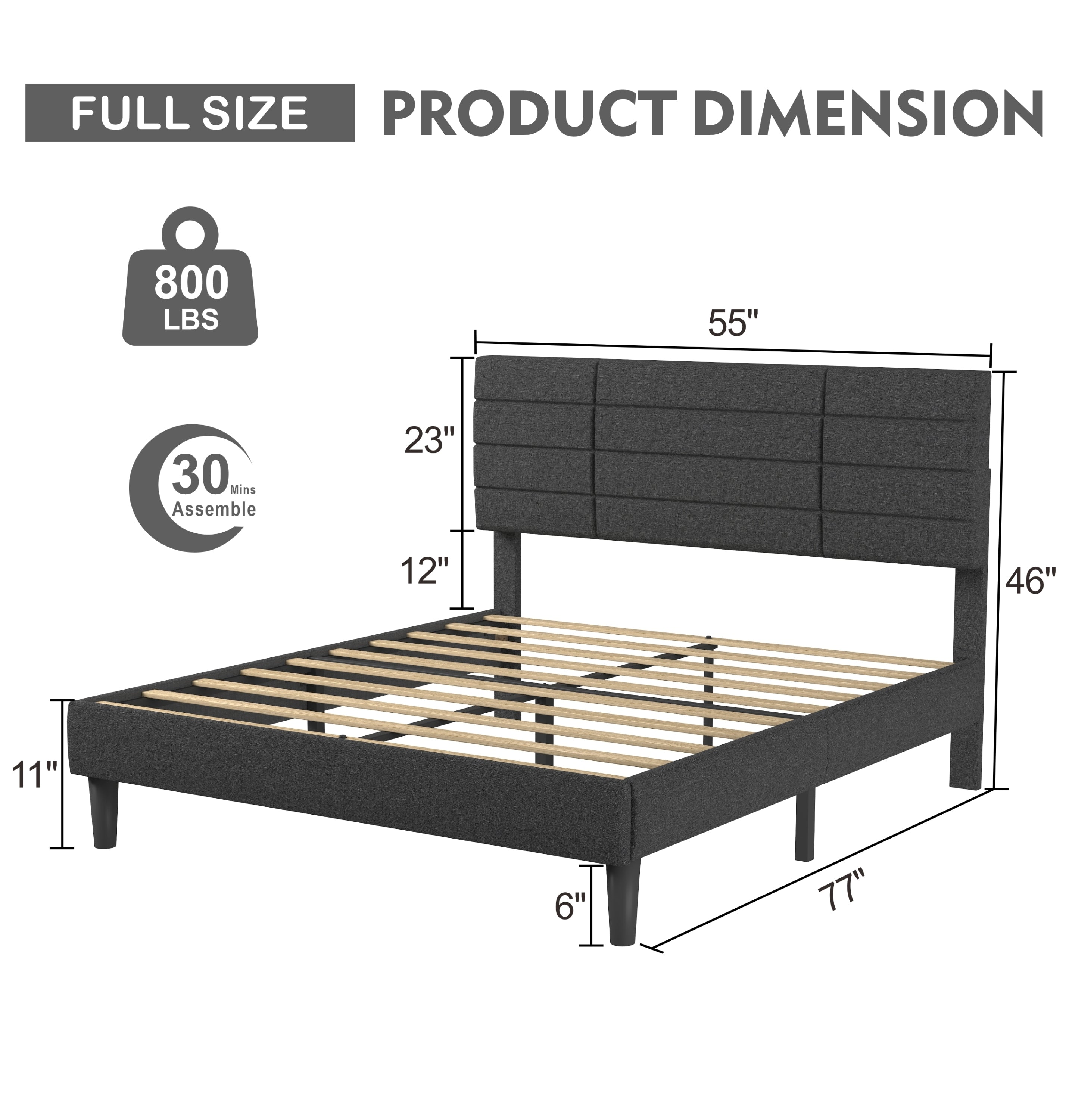 Molblly Full Size Bed Frame with Upholstered Headboard, Strong Frame, and Wooden Slats Support, Non-Slip and Noise-Free, No Box Spring Needed, Easy Assembly, Dark Grey - Atlantic Fine Furniture Melbourne FL