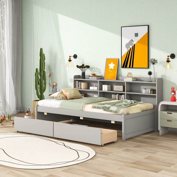 Twin Bed with Side Bookcase, Drawers ,Grey