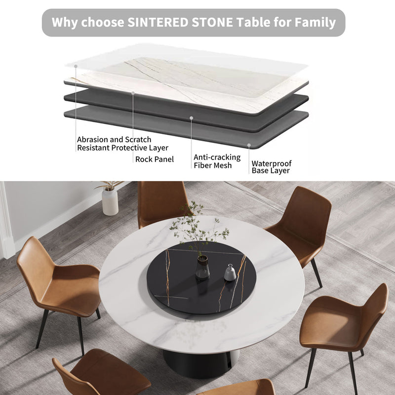 Modern Artificial Stone Round Carbon Steel Base Dining Table, Can Accommodate 6 People, Black Artificial Stone Turntable