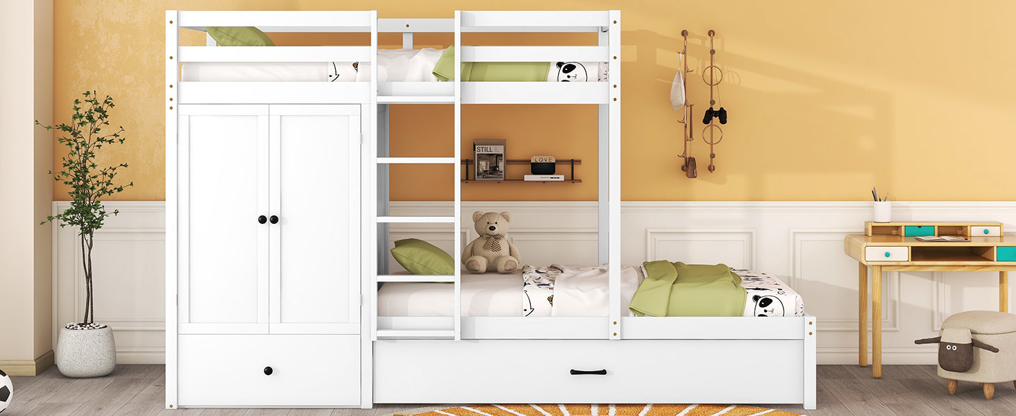 Twin-over-twin Bunk Bed with Wardrobe, Drawers and Shelves, White