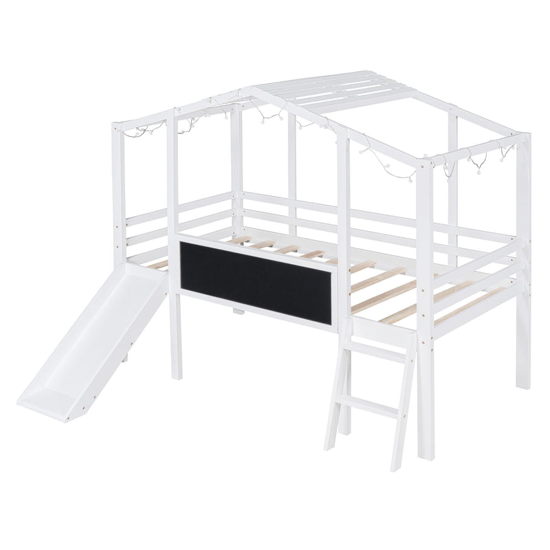 Loft House Bed With Ladder And Slide, With Blackboard And Light Strip On The Roof