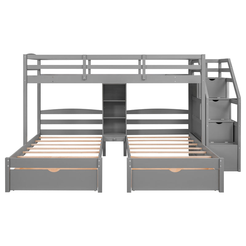 Twin Over Twin & Twin Bunk Bed With Drawers, Staircase Storage, Built In Shelves - Gray
