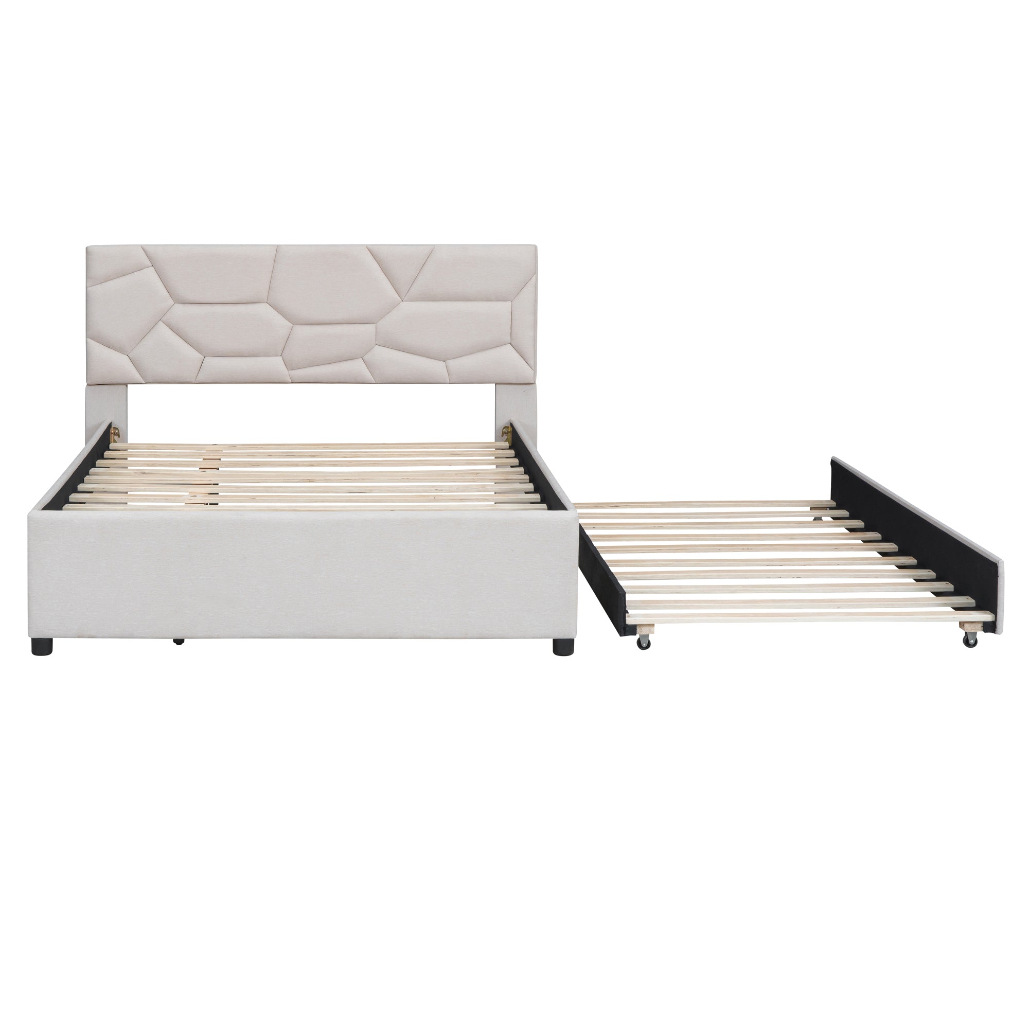 Full Size Upholstered Platform Bed with Brick Pattern Headboard and Twin Size Trundle, Linen Fabric, Beige - Atlantic Fine Furniture Melbourne FL