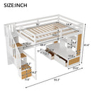 Full Size Loft Bed With Desk And Shelves, 2 Built In Drawers, Storage Staircase - Natural / White