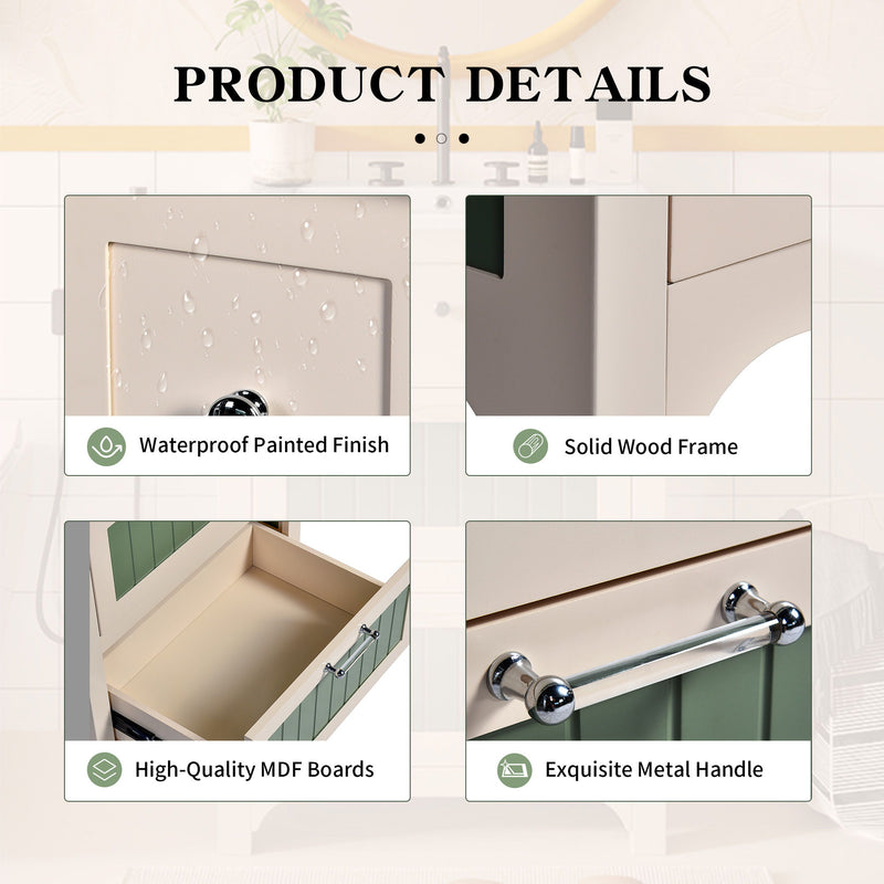 Bathroom Vanity With Ceramic Sink, Bathroom Vanity Cabinet With 2 Drawers, Wooden Bathroom Sink Cabinet - Beige / Green