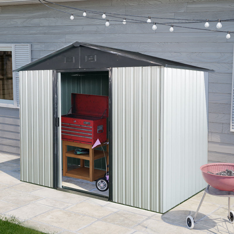 Outdoor Metal Storage Shed With Sliding Door And Foundation For Backyard, Patio, Lawn