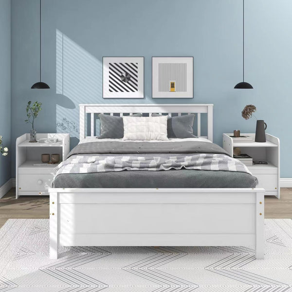 Full Bed with Headboard and Footboard,with 2 Nightstands,White