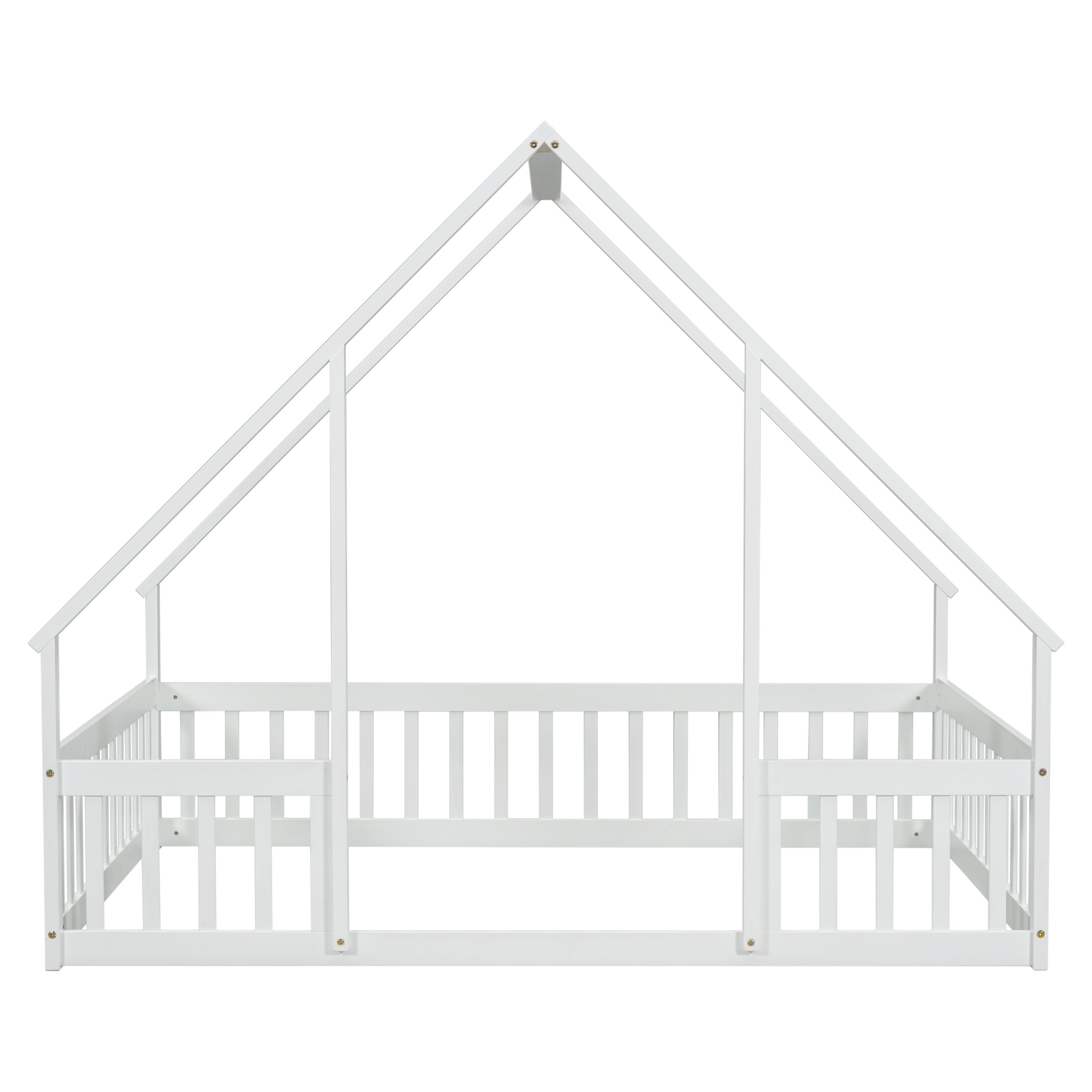 Full Wood House-Shaped Floor Bed with Fence, Guardrails,White
