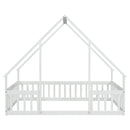 Full Wood House-Shaped Floor Bed with Fence, Guardrails,White