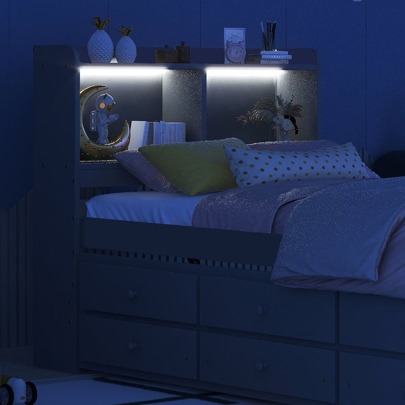 Bed With Built-In USB, Type-C Ports, LED Light, Bookcase Headboard, Trundle And 3 Storage Drawers, Bed With Bookcase Headboard, Trundle And Storage Drawers - Espresso