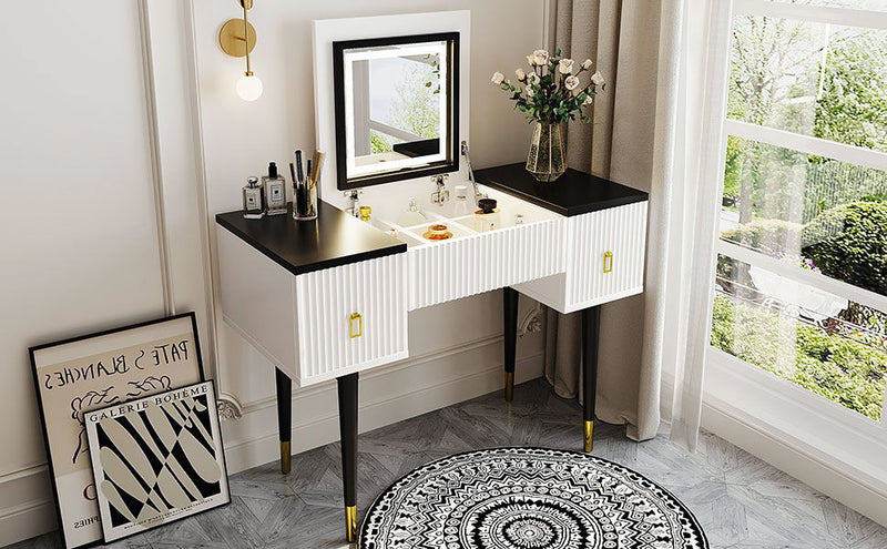 Modern Vanity Table Set With Flip-Top Mirror And Led Light, Dressing Table With Customizable Storage - White / Black