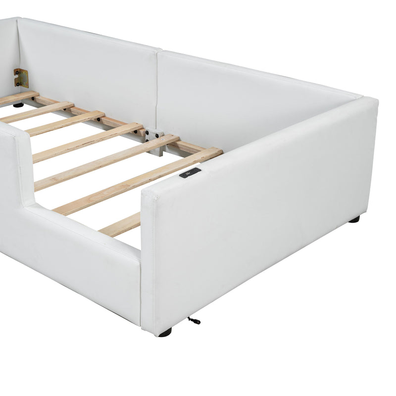Twin Size Upholstered Platform Bed With Guardrail And Charging Station - White