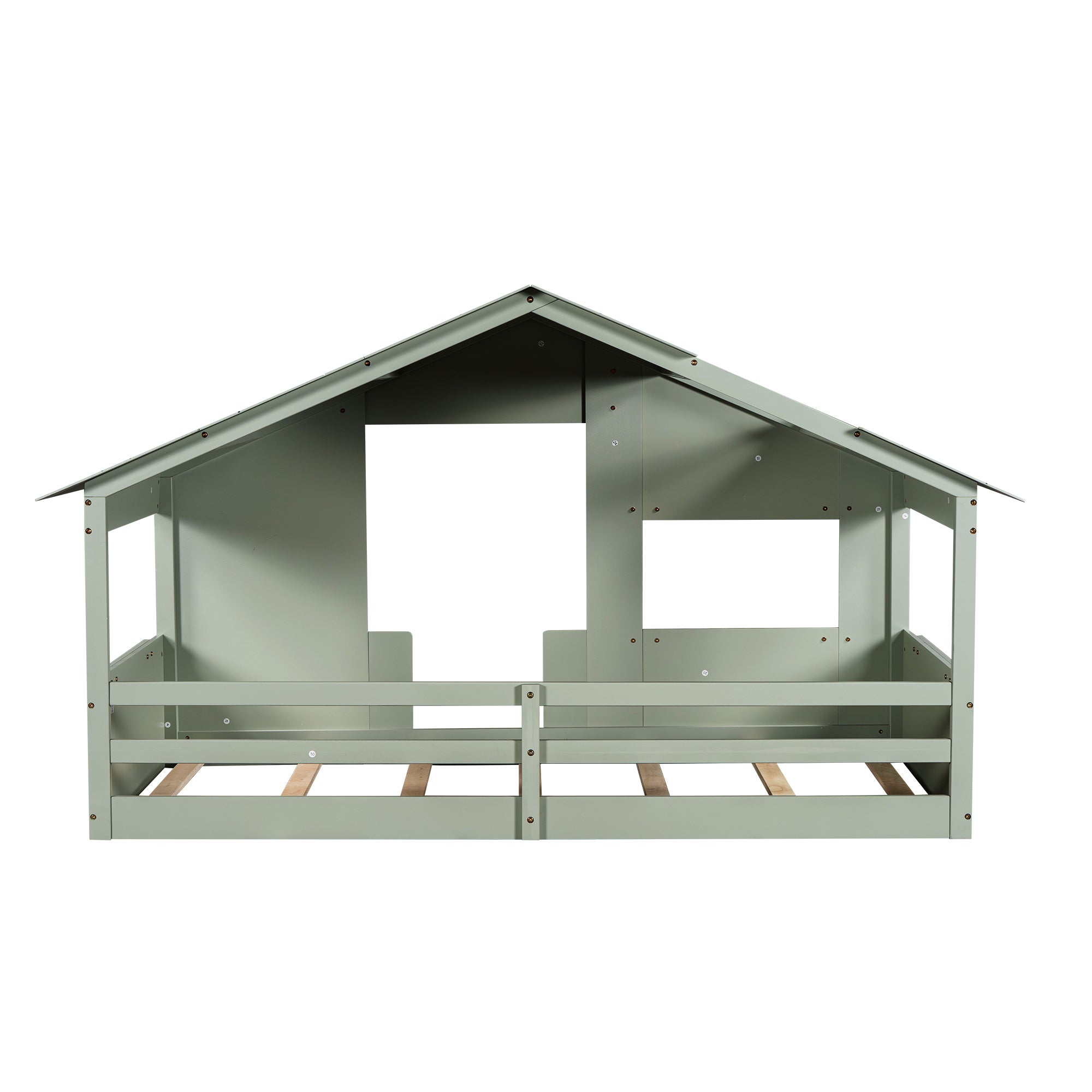 Wood Twin Size House Bed with Roof, Window and Guardrail, Light Green - Atlantic Fine Furniture Melbourne FL