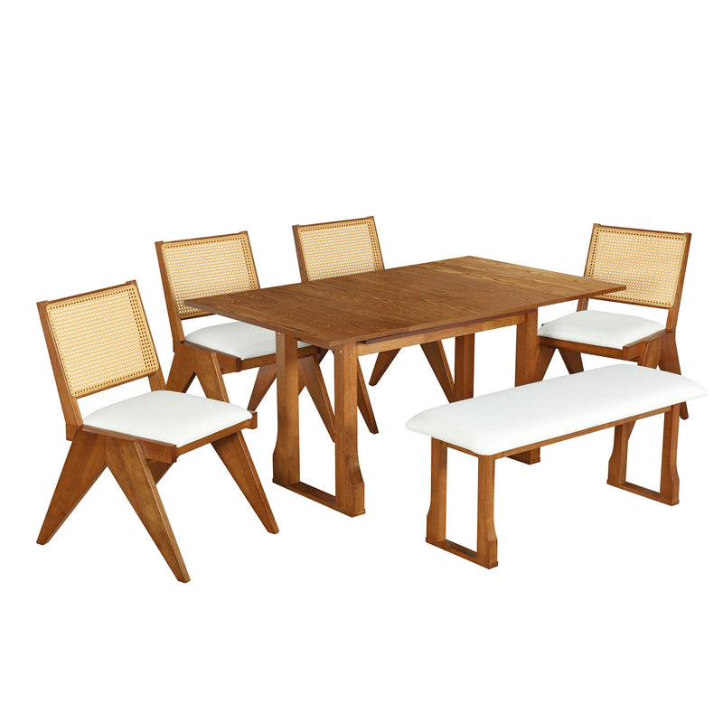 6 Piece Extendable Dining Table Set With 4 Wicker Back Upholstered Dining Chairs And Long Bench, 2 Removable Leaf