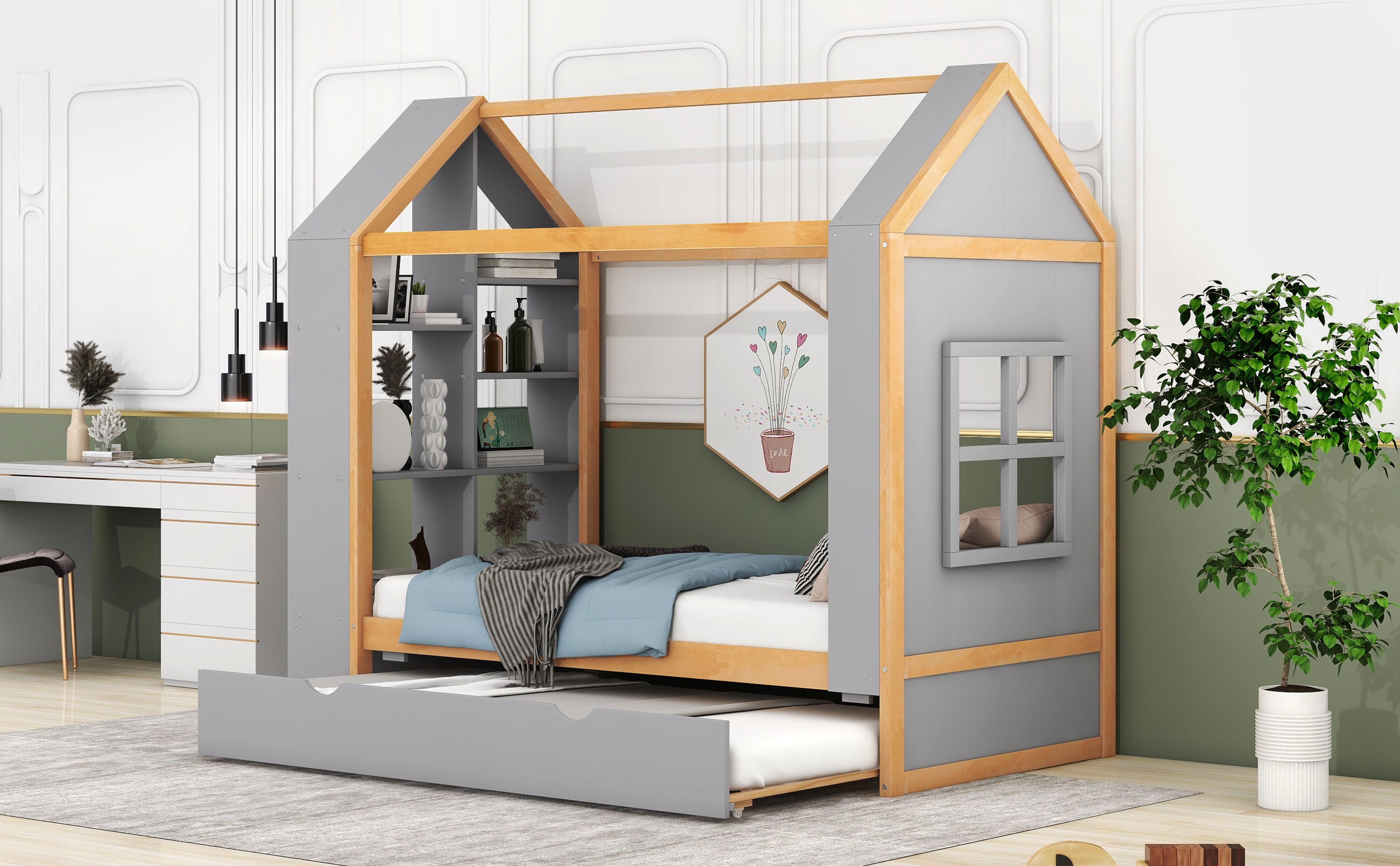 Twin Size House Platform Bed with Storage Shelves and Twin Size Trundle, Grey - Atlantic Fine Furniture Melbourne FL