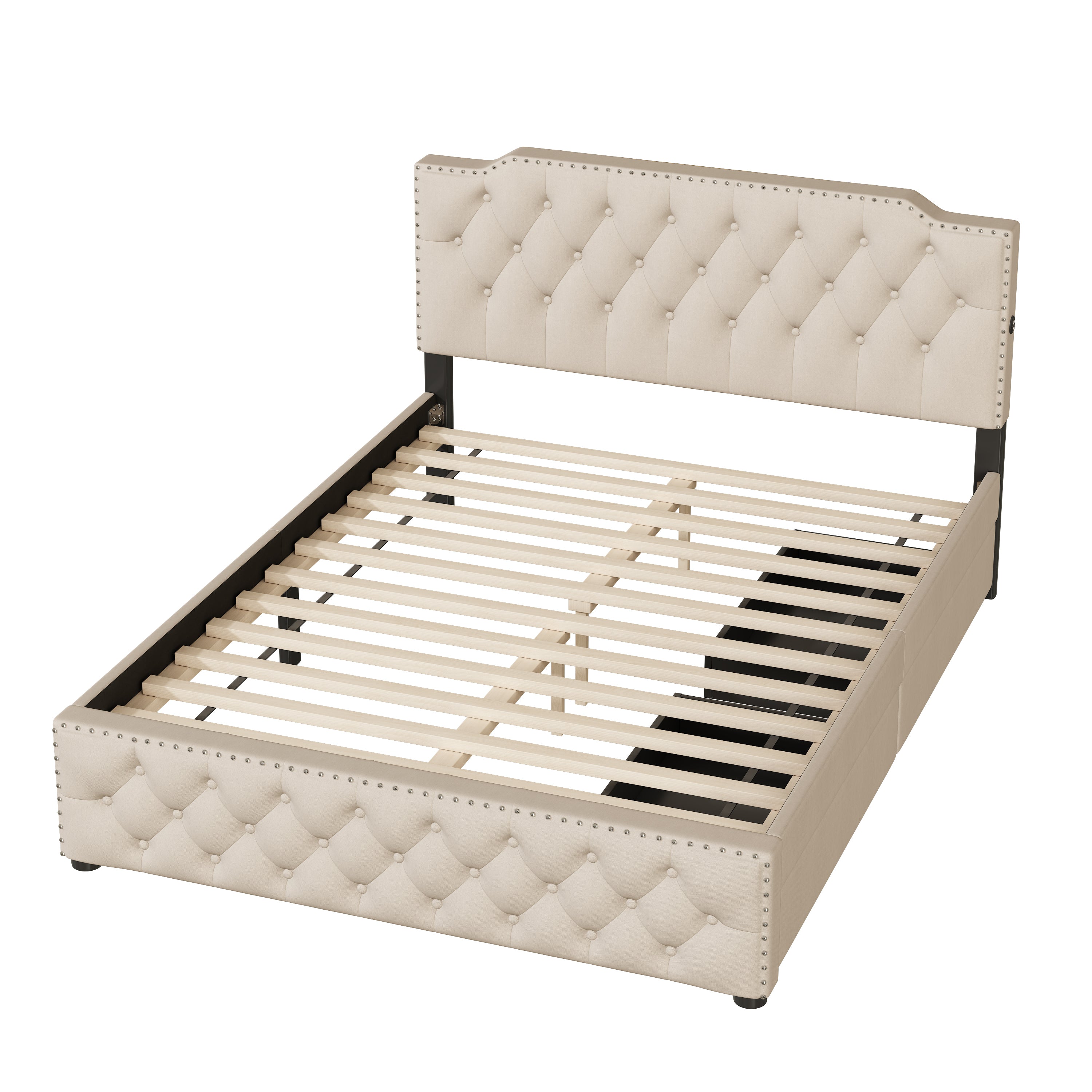 Queen Size Upholstered Platform Bed with 2 Drawers and 2 sets of USB Ports on each side, Linen Fabric, Beige - Atlantic Fine Furniture Melbourne FL