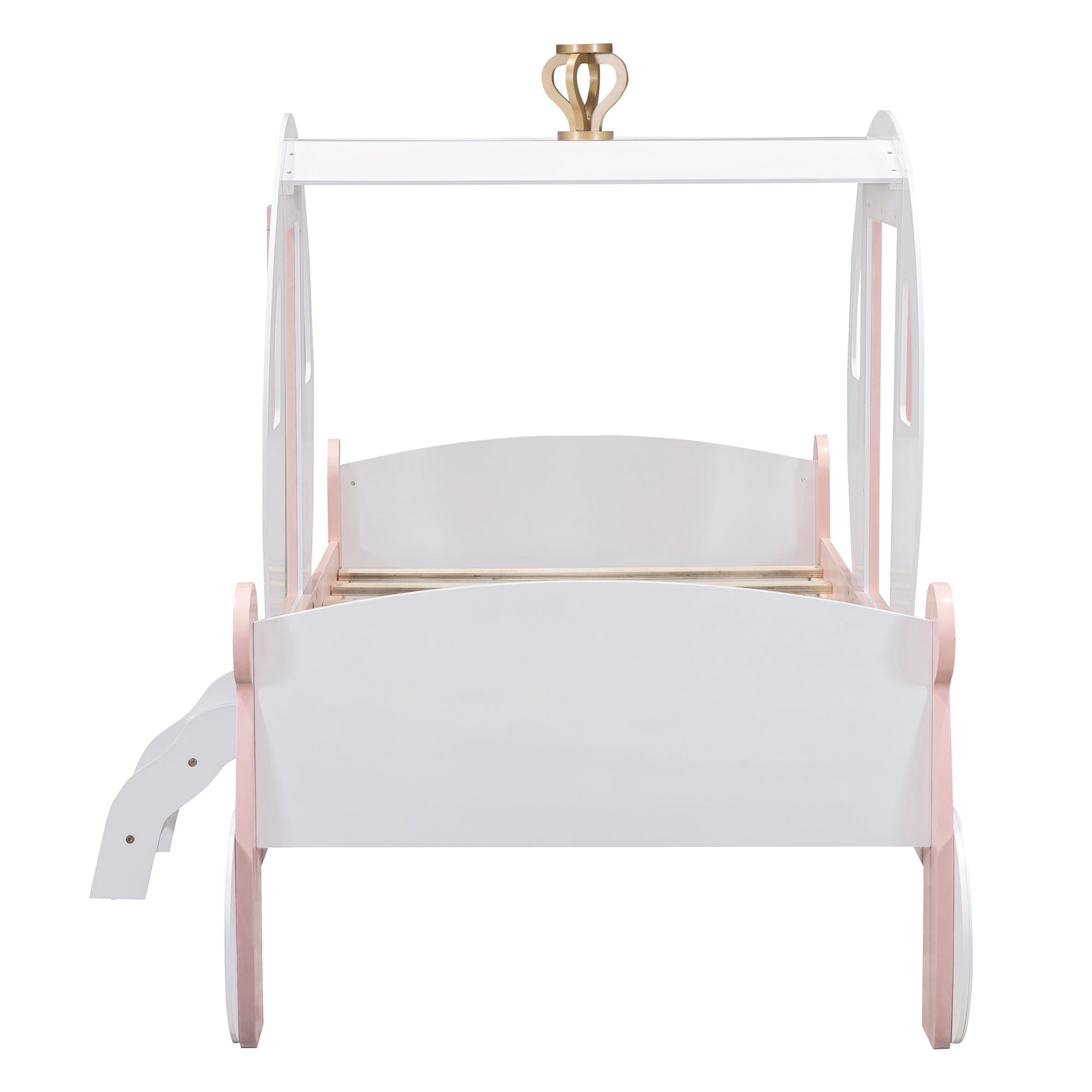 Twin size Princess Carriage Bed with Crown ,Wood Platform Car Bed with Stair,White+Pink - Atlantic Fine Furniture Melbourne FL