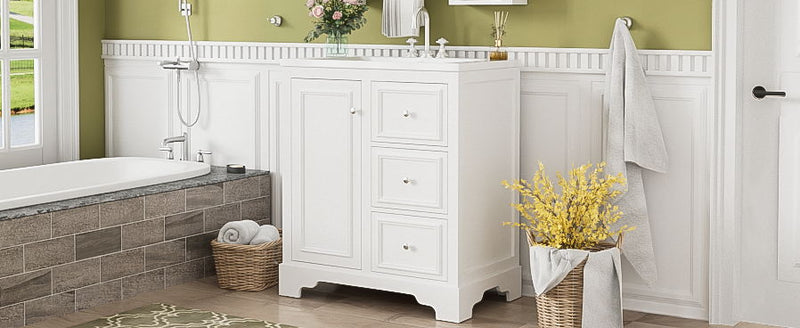 Bathroom Vanity Cabinet With Ceramic Basin, 3 Drawers And Adjustable Shelves