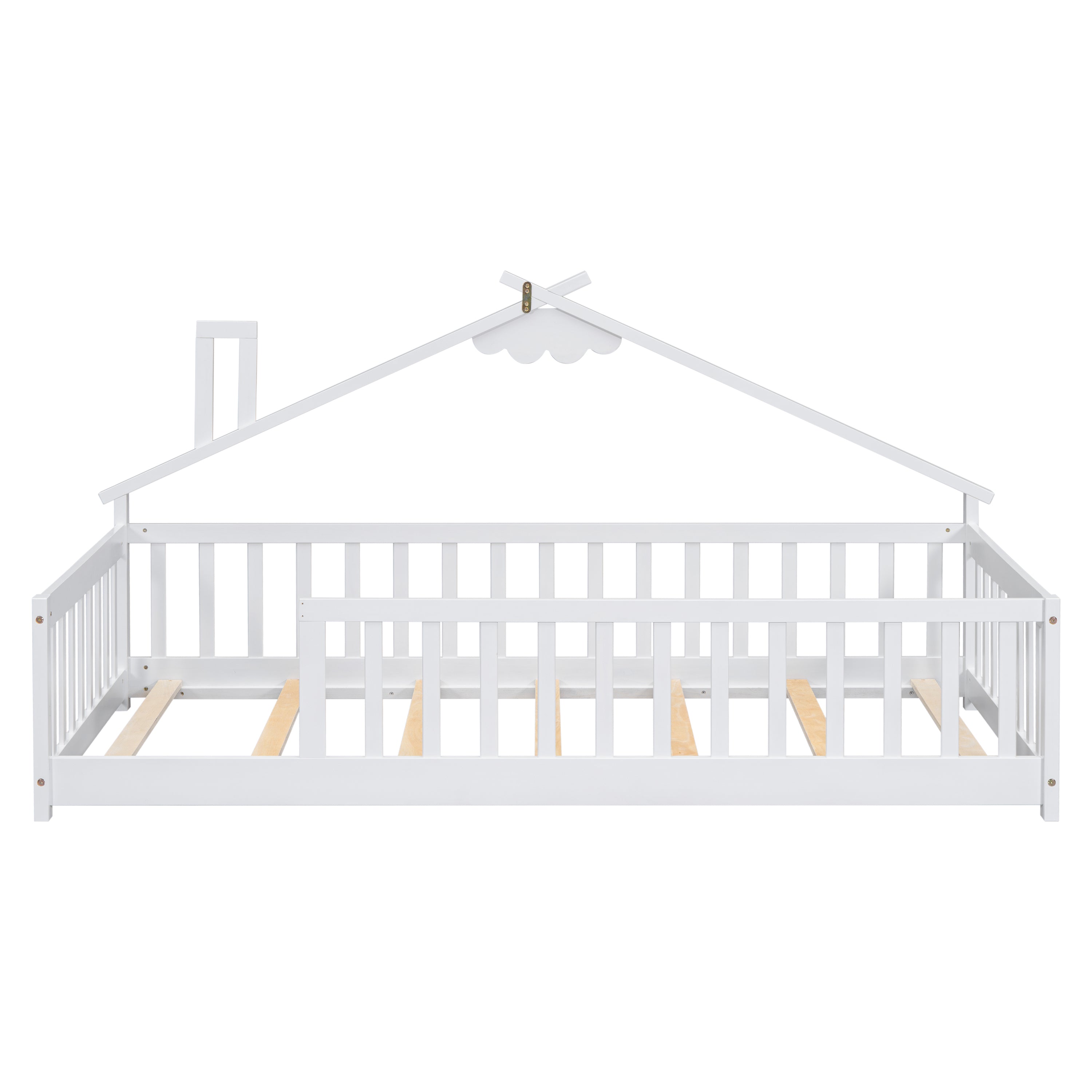 Twin House-Shaped Bedside Floor Bed with Guardrails, Slats, without Door,White