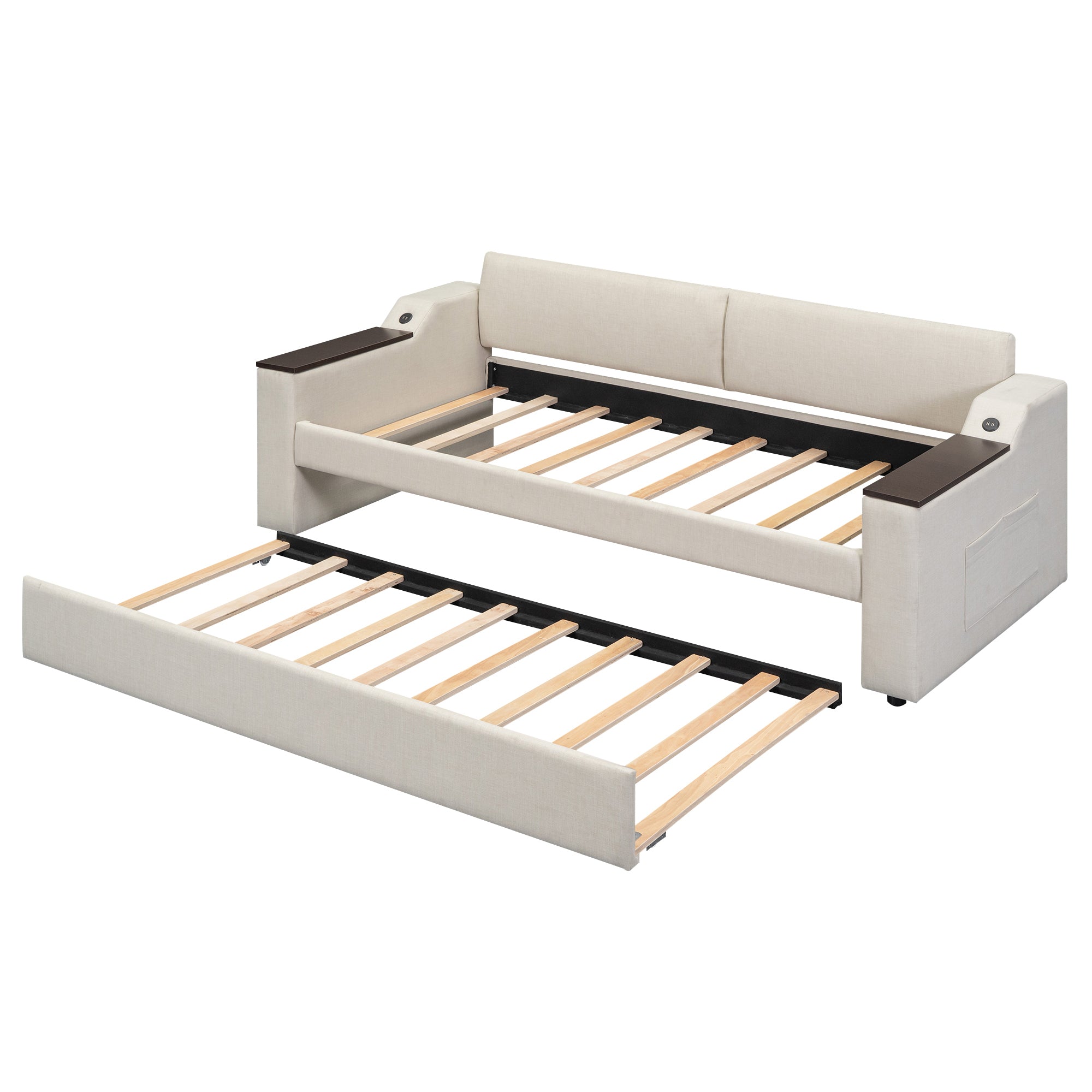Twin Size Upholstery Daybed with Storage Arms, Trundle and USB Design, Beige - Atlantic Fine Furniture Melbourne FL