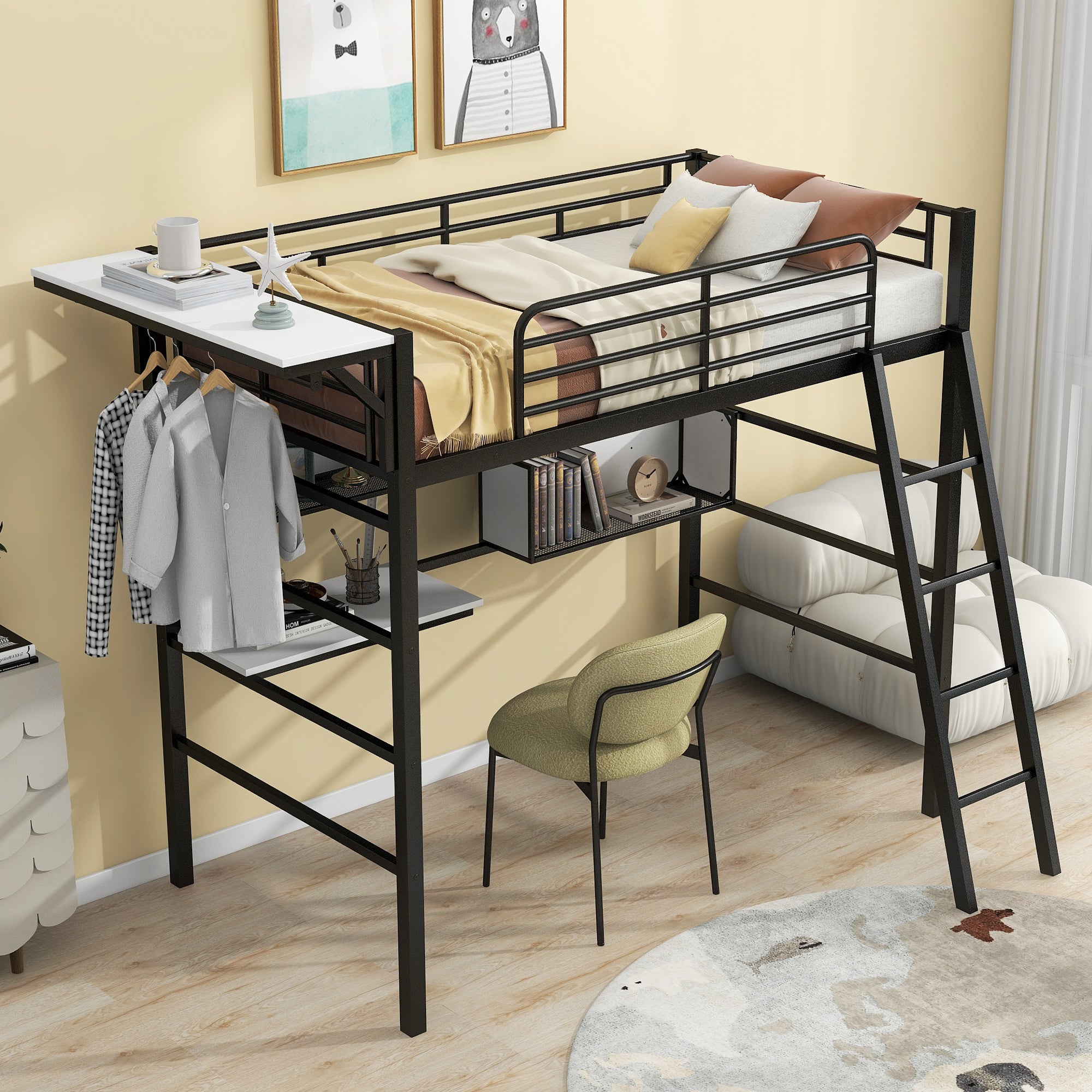 Twin Size Metal Loft Bed with 2 Shelves, a desk and a Hanging Clothes Rack, Black and White - Atlantic Fine Furniture Melbourne FL