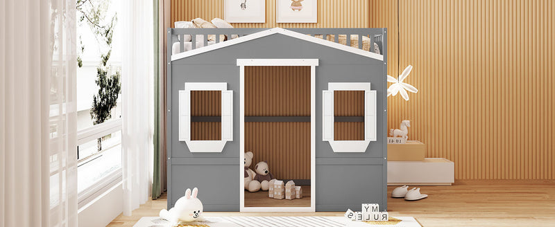 Full Size House Loft Bed With Ladder-Gray+White Frame