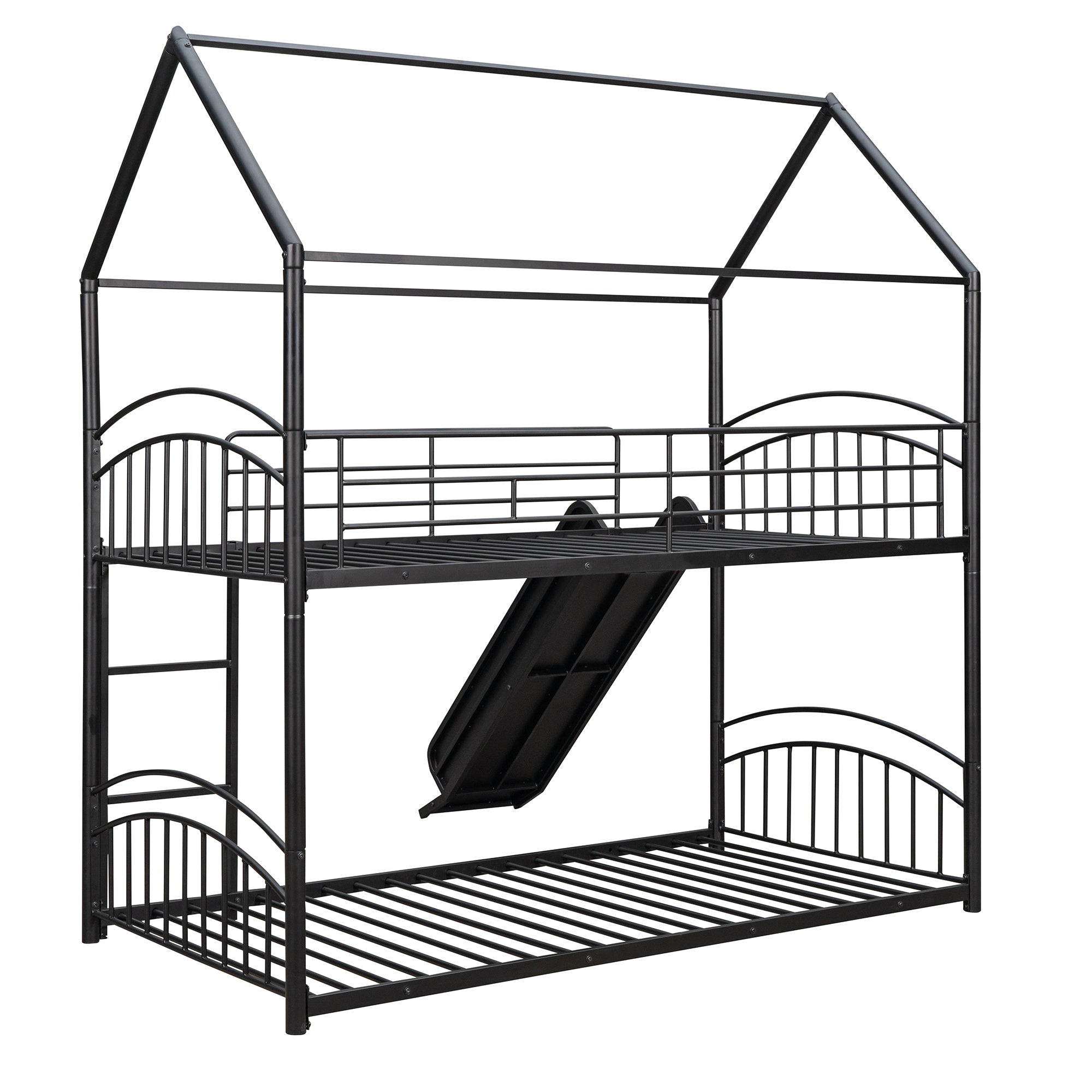 Twin Over Twin Metal Bunk Bed With Slide,Kids House Bed Black - Atlantic Fine Furniture Melbourne FL