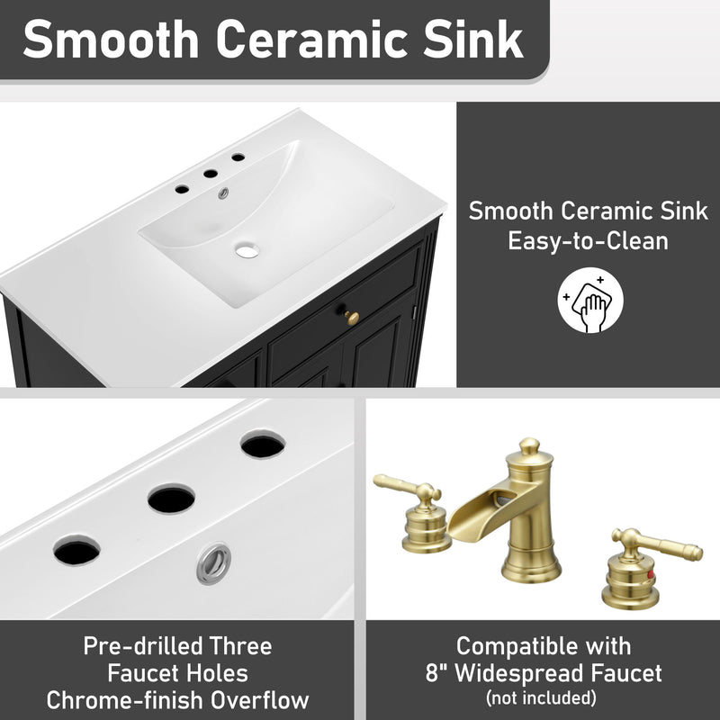 Modern Bathroom Vanity With Ceramic Sink, Freestanding, One Tip Out Drawer, 3 Side Drawers, Adjustable Shelf