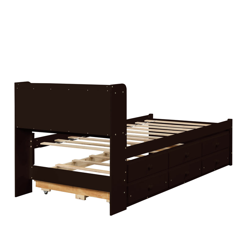 Twin Bed with Bookcase,Twin Trundle,Drawers,Espresso