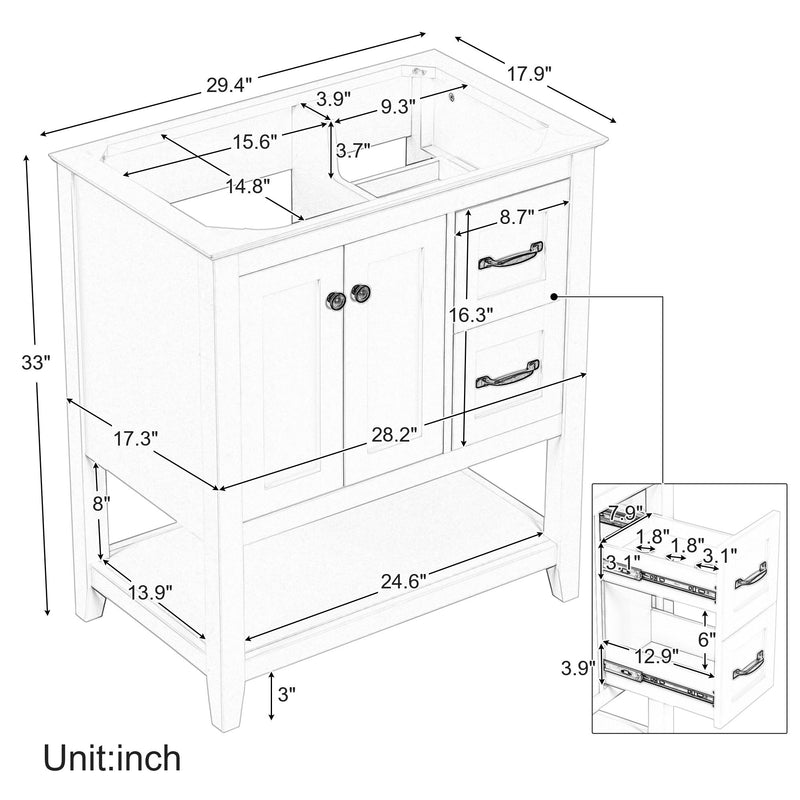 Bathroom Vanity Without Sink Top, Cabinet Base Only, Vanity With Multi-Functional Drawer - White